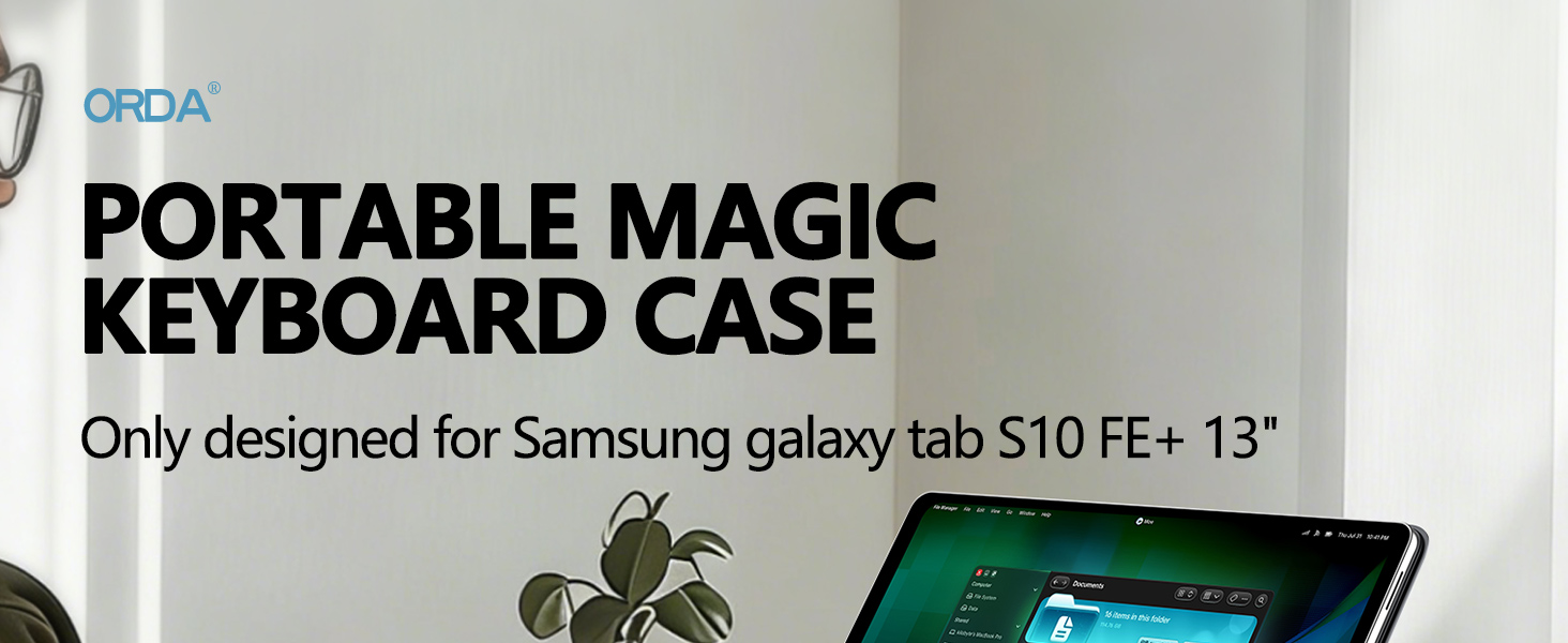 Text reads 'PORTABLE MAGIC' and 'KEYBOARD CASE' and 'Only designed for Samsung galaxy tab S10 FE+ 13''. Product images showing tablet keyboard case with measurements.