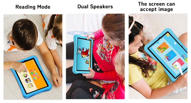 Text reads 'Kids Park' and 'With a wide range of games and learning software for children, this is a real children's paradise, where you can play and learn at the same time.' Blue children's tablet device with app interface visible.