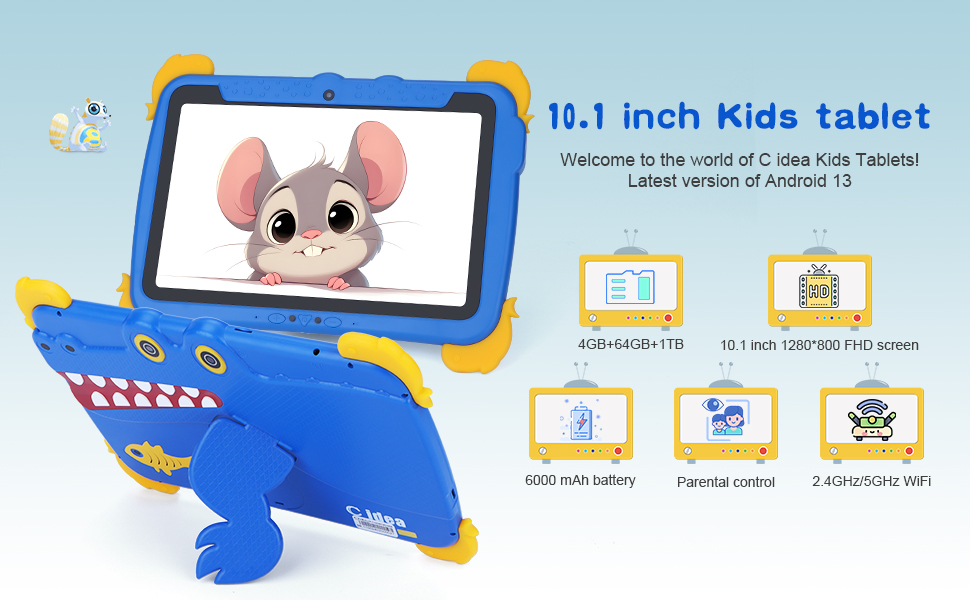 Text reads '10.1 inch Kids tablet'. Blue protective tablet case with cartoon mouse design, showing interface screens and child-friendly app icons.