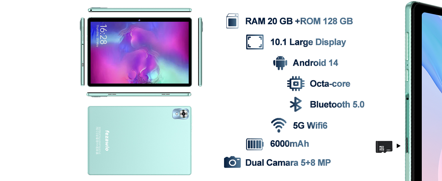 Mint green tablet with 10.1-inch display, 20GB RAM, 128GB ROM, Android 14, octa-core processor, Bluetooth 5.0, 5G WiFi, 6000mAh battery, and dual 5+8 MP cameras.