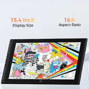 Text reads '1920 x 1080 Resolution' and '16.7 Million Colors'. Digital drawing tablet displaying vibrant neon abstract light patterns in purple, pink, and orange with stylus pen on dark background.