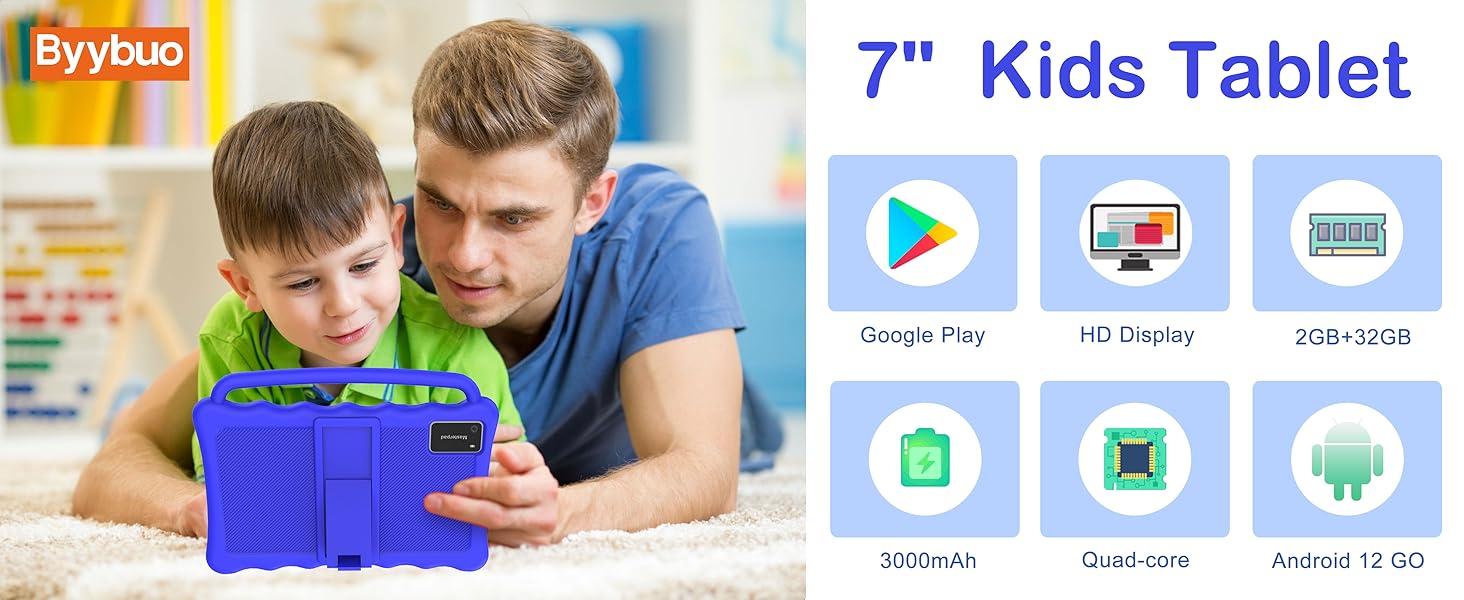 7-inch kids tablet promotional image showing device interface with Google Play and app icons, alongside image of adult and child using tablet.