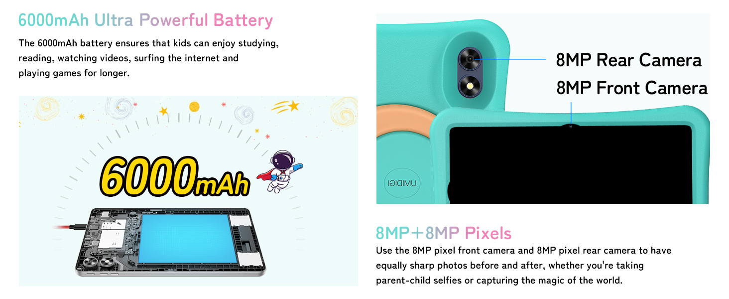 Smartphone featuring 6000mAh ultra powerful battery, 8MP rear camera, and 5MP front camera. Image shows device internals and camera specifications.