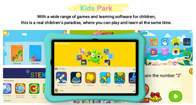 Children's educational tablet interface showing colorful game icons and learning apps, displayed on a teal-colored device with protective frame.