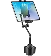 Tablet mount with flexible gooseneck arm and cupholder base attachment, displaying tablet with colorful geometric pattern on screen.