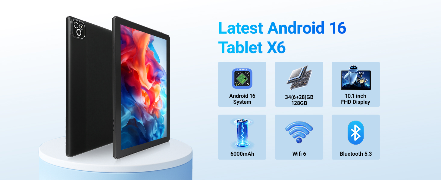 Text reads: "Latest Android 16 Tablet X6", feature icons showing "Android 16 System", "13MP Cameras", "512GB Storage", "Octa-core 4.8GHz", "Bluetooth 5.2". Black tablet device shown at angle on light blue background.