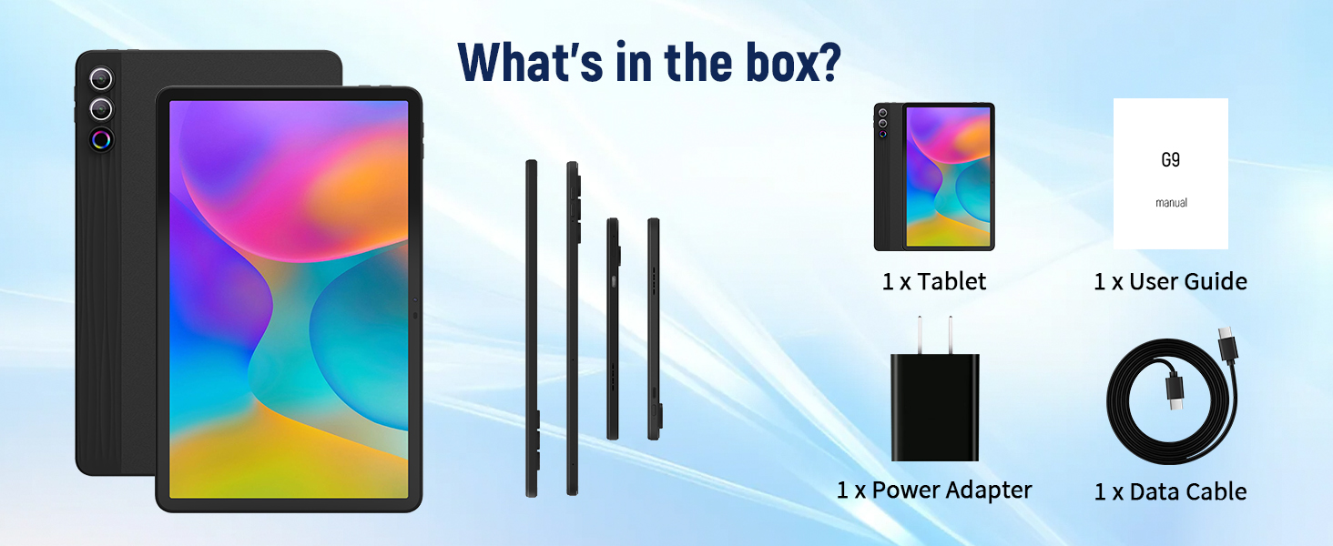 Text reads 'What's in the box?' Tablet with colorful gradient display, stylus pens, charging cable, charger, and user manual shown in product packaging contents layout.