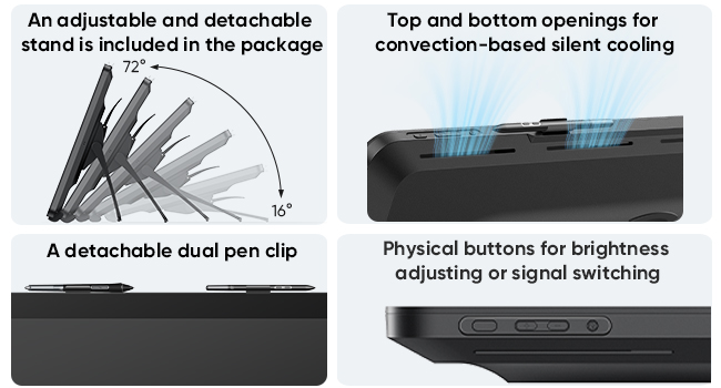 Text reads "An adjustable and detachable stand is included in the package", "Top and bottom openings for convection-based silent cooling", "A detachable dual pen clip", "Physical buttons for brightness adjusting or signal switching". Product features shown: adjustable stand, dual pen clip, cooling vents, control buttons on black device.