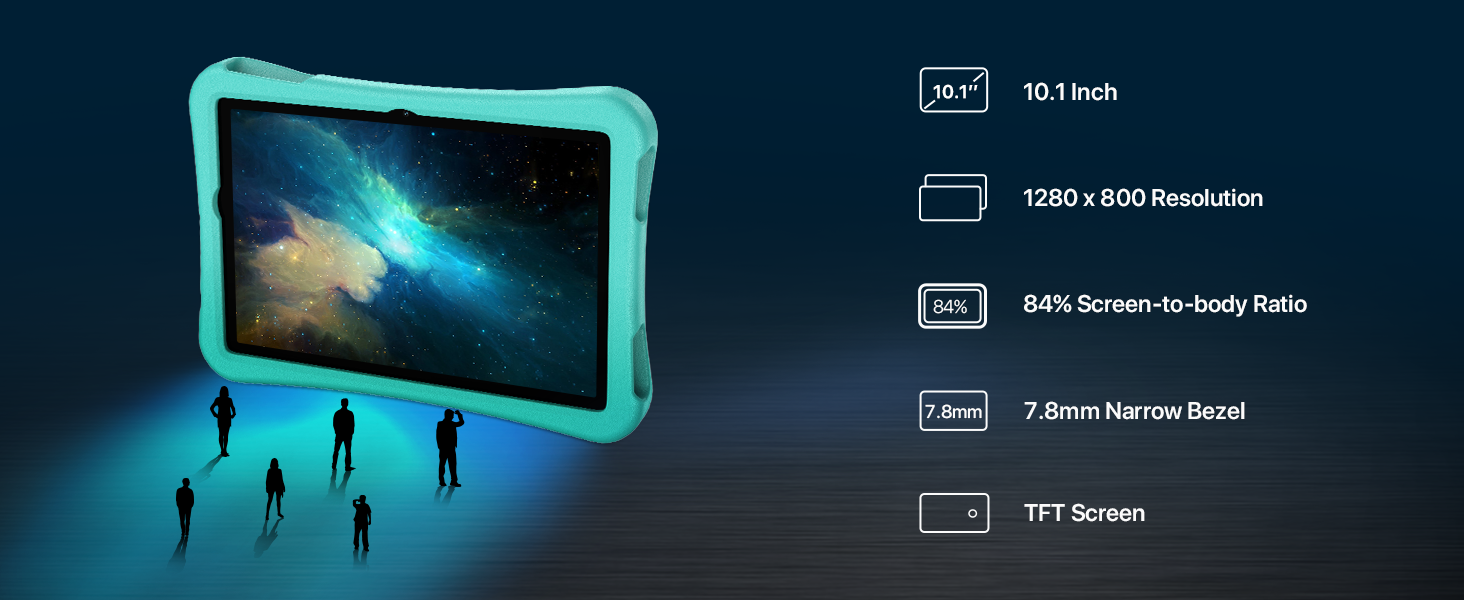Teal-framed tablet with space scene on screen. Specs listed: 10.1 inch, 1280x800 resolution, 84% screen-to-body ratio, 7.9mm narrow bezel, TFT screen.