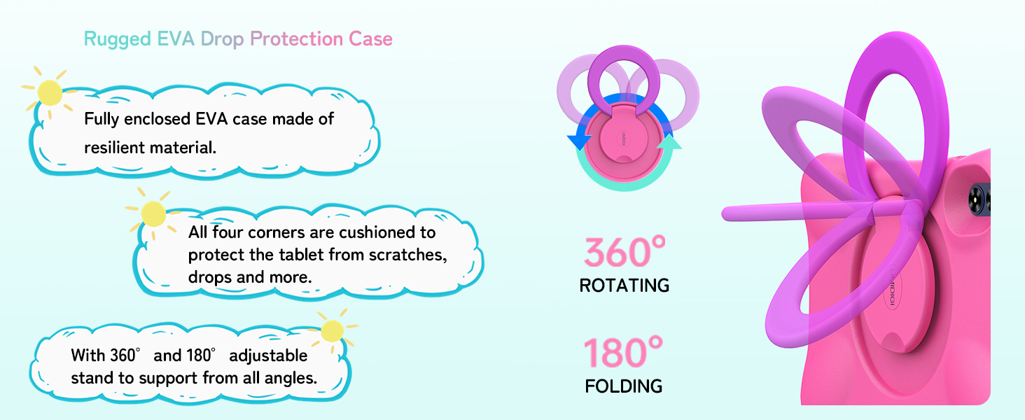 Colorful tablet case with handle, featuring 360° rotating and 180° folding capabilities. Text highlights EVA material and cushioned corners for protection.