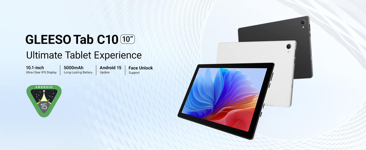 Text reads "GLEE30 Tab C10" and "Ultimate Tablet Experience". Android tablet with blue display shown in black stand, displayed against white background with product branding.