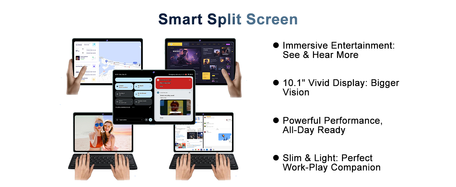Diagram showcasing a tablet's smart split screen feature. Multiple windows display various apps simultaneously. Text highlights 10.1