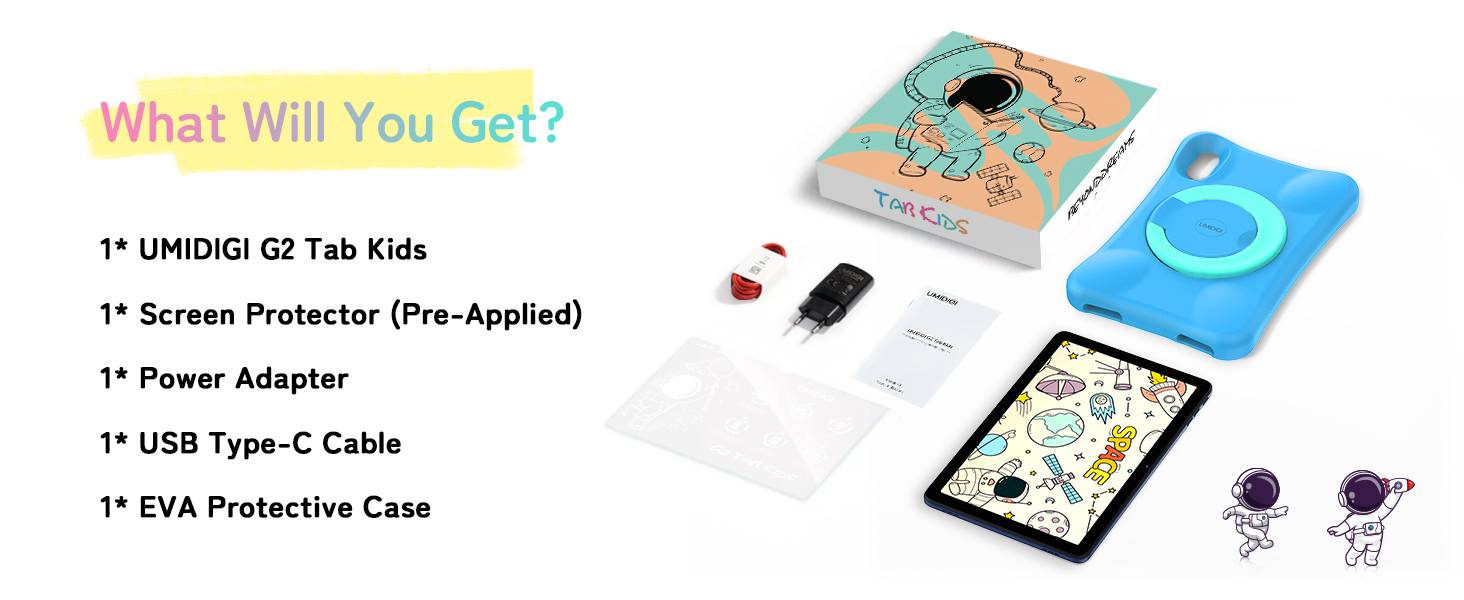 Text reads 'What Will You Get?' followed by '1" UNIQIO G2 Tab Kids', '1" Screen Protector (Pre-Applied)', '1" Power Adapter', '1" USB Type-C Cable', '1" EVA Protective Case'. Product contents display includes tablet, accessories, and protective case.