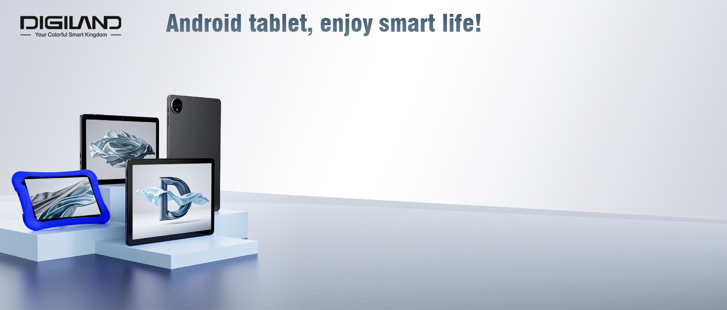 Text reads 'DISLAND', 'Android tablet, enjoy smart life!'. Product image showing black Android tablet device displayed at angle with branded packaging visible against white background.