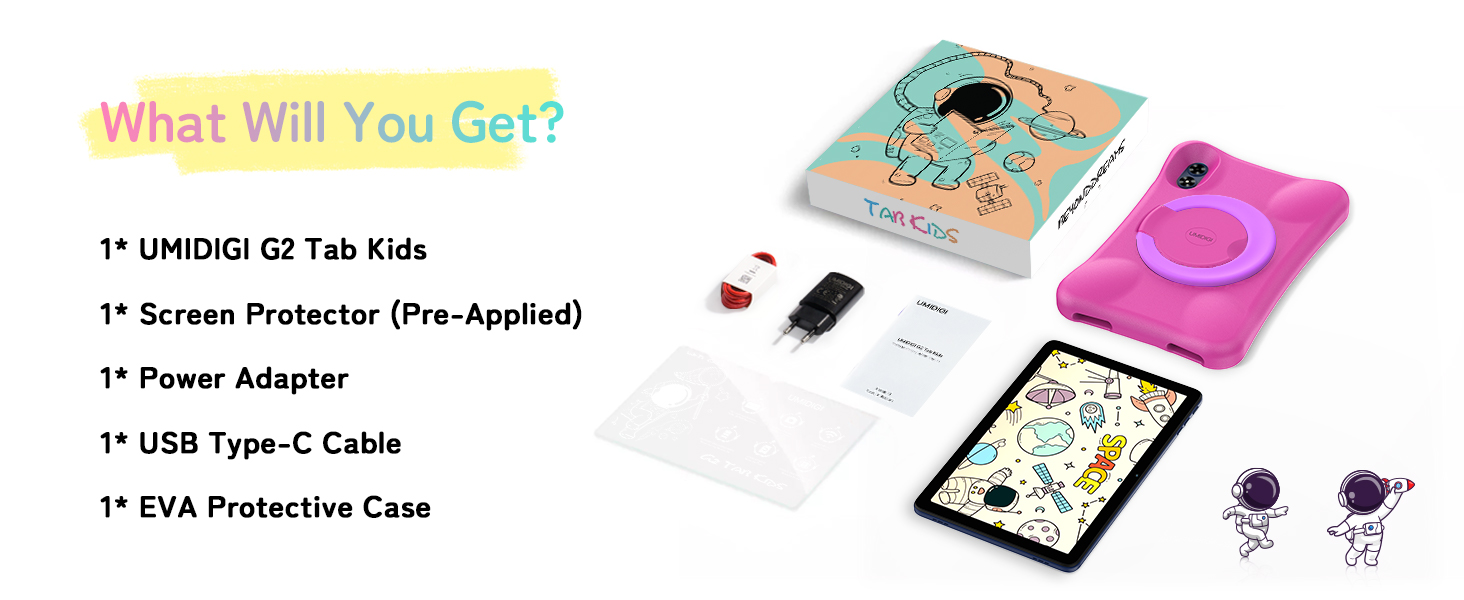 Text reads 'What Will You Get?' followed by list: '1* UMIDIGI G3 Tab Kids', '1* Screen Protector (Pre-Applied)', '1* Power Adapter', '1* USB Type-C Cable', '1* EVA Protective Case'. Flat lay of tablet accessories including pink tablet, screen protector, USB cable, and protective case with cartoon design.