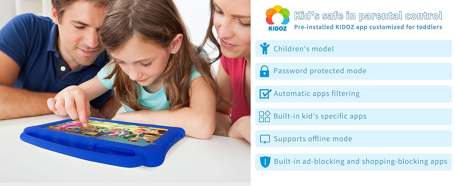Young girl using a tablet device, surrounded by colorful animated graphics including music notes, stars, and school supplies floating around her.
