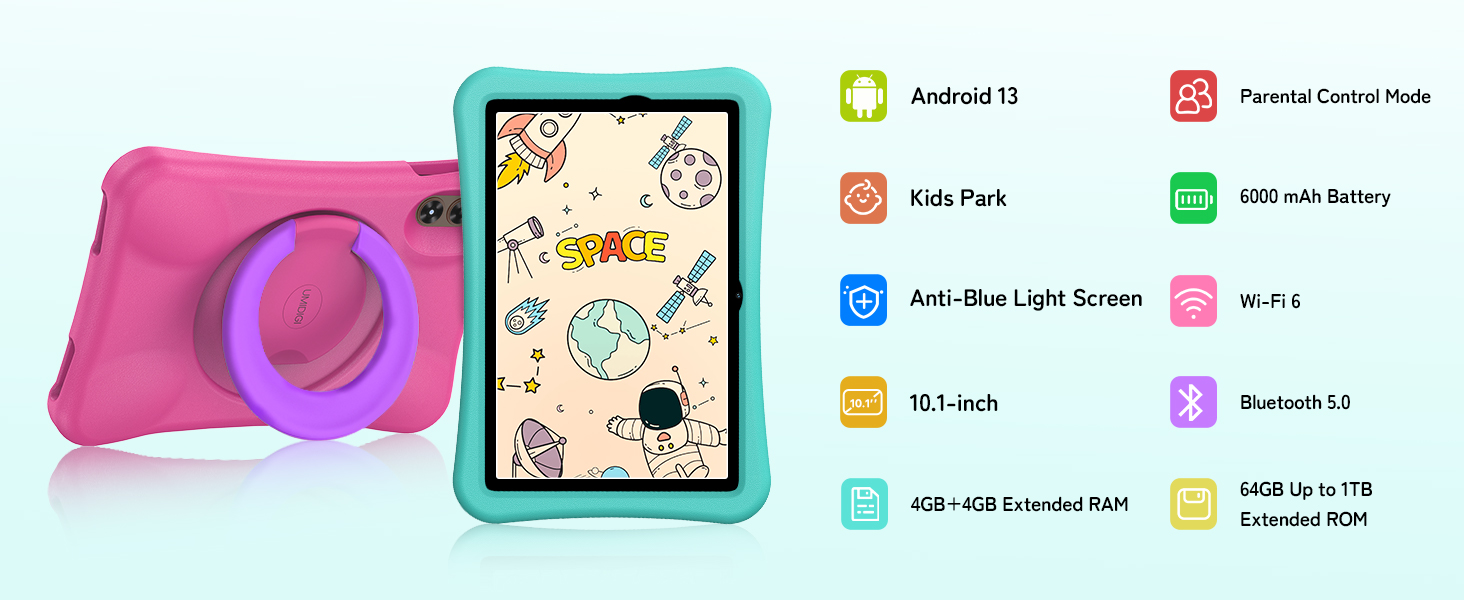 Children's tablet device with pink and turquoise protective case featuring camera lens. Display shows interface with icons indicating various features and specifications.