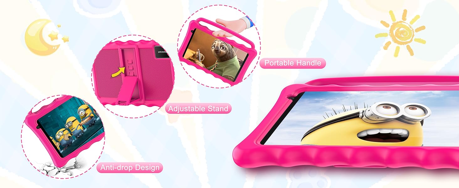 Pink tablet case with Minion character display. Features foldable stand, anti-drop protection, and adjustable handle. Cartoon sun and moon icons in background.