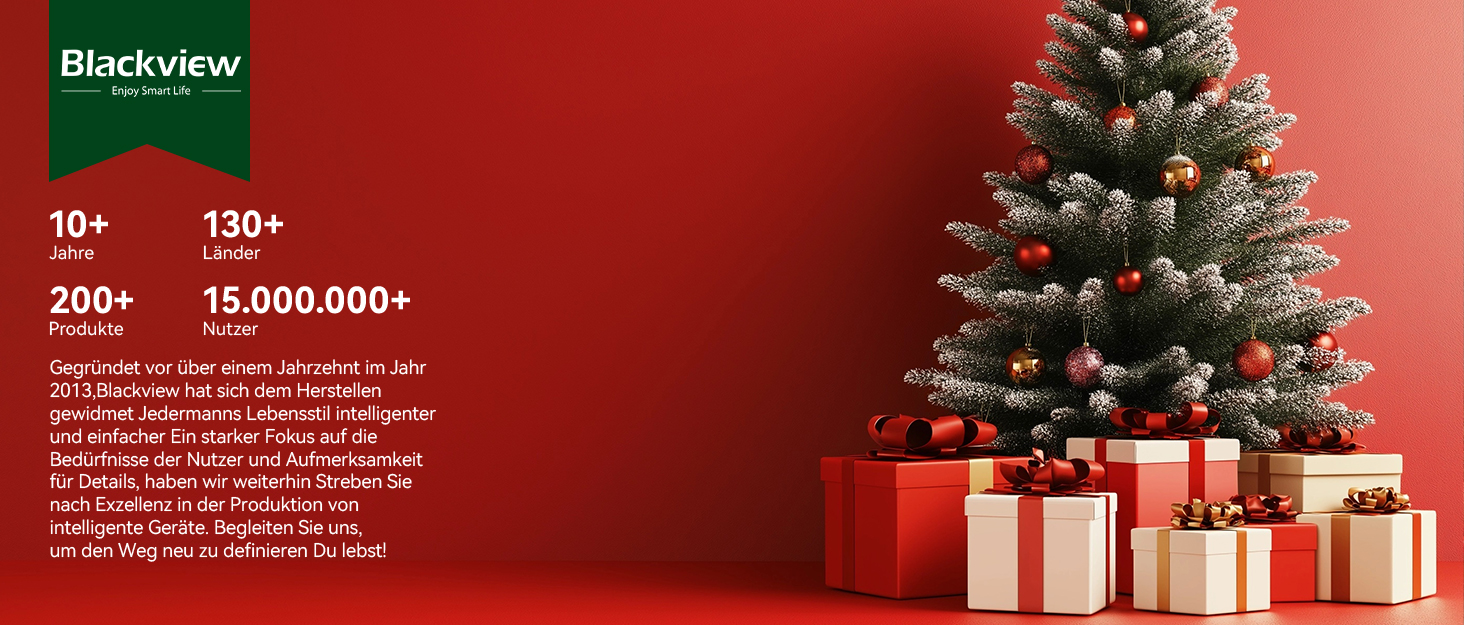 Text reads 'Blackview' and '12,000,000+'. Multiple decorated Christmas trees with wrapped presents underneath against red background.