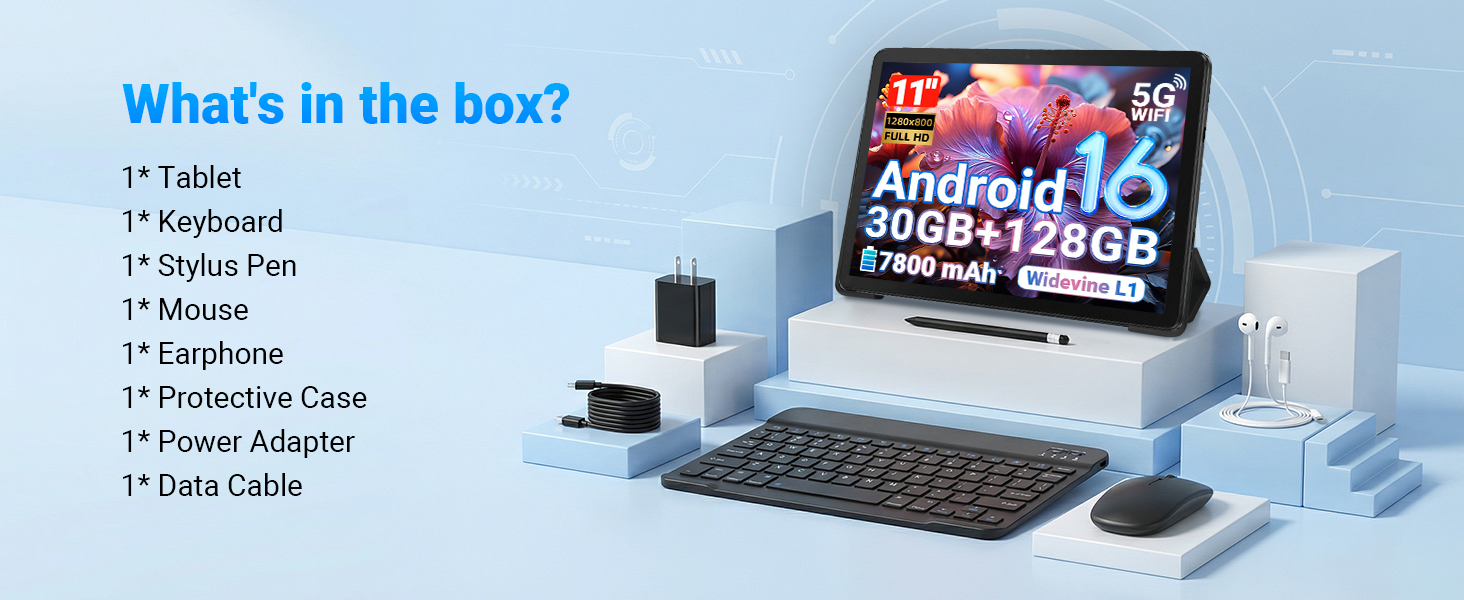 Text reads 'What's in the box?' listing contents: '1* Tablet, 1* Stylus Pen, 1* Mouse, 1* Keyboard, 1* Protection Case, 1* Power Adapter, 1* Data Cable'. Android 16 tablet bundle with peripherals and accessories displayed.