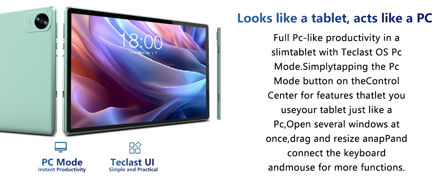 Tablet device with detachable keyboard, displaying bridge image on screen. Icons below show features: higher efficiency, GMS, simple operation, more humanized, and privacy protection.