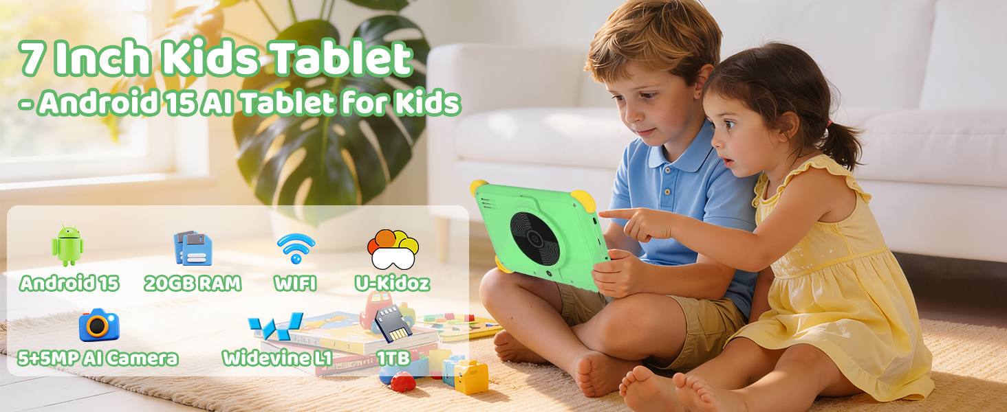 Text reads: '7 inch Kids Tablet - Android 13 AI Tablet For Kids'. Product image showing children using a tablet device with interface icons displayed.