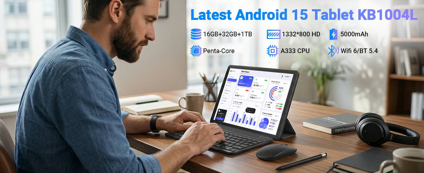 Text reads 'Latest Android 15 Tablet KB1004L' with specifications: 10inch screen, MTK8395, 8GB/128GB, Android 15, WiFi 6E. Man using tablet at desk for work/design with displayed graphics.