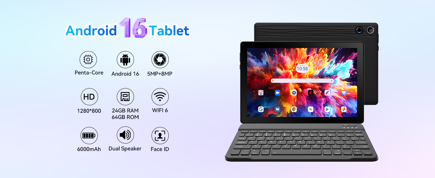 Text reads "Android 15 tablet", "10.9 inch", with icon indicators. Tablet displaying colorful abstract imagery next to laptop computer on blue background.