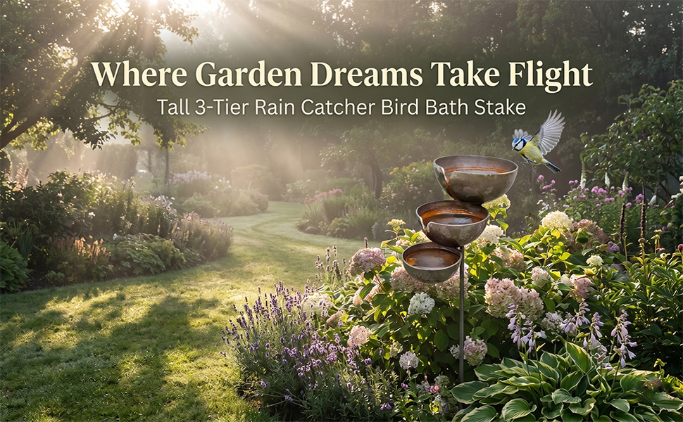 Text reads 'Where Garden Dreams Take Flight' and 'Tall 2-Tier Rain Catcher Bird Bath Stake'. Garden scene with flowers, greenery, and bird bath fixture in misty setting.