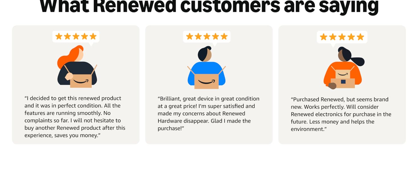 Text reads 'What Renewed customers are saying' with three customer review avatars showing 5-star ratings. Customer feedback section with cartoon avatar icons.