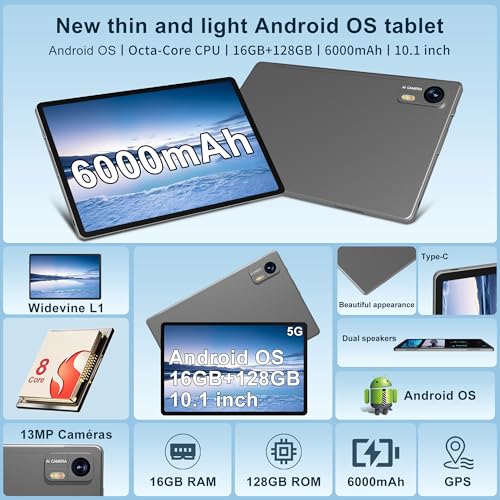 Android Tablets with Keyboard Pen Case Mouse Earphone|16GB RAM 128GB ROM|WiFi 6 |BT5.0 |GPS |13MP Camera| 6000mAh| Widevine L1 Gray