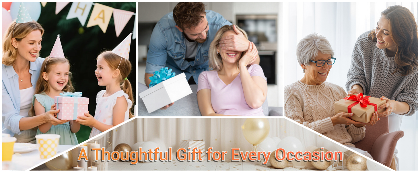 Multi-panel image showing various family gift-giving moments. People of different ages exchanging wrapped presents in domestic settings.