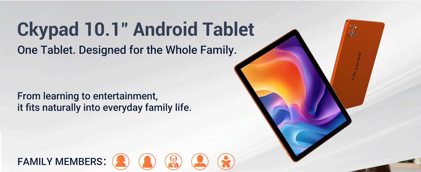 Text reads 'Ckypad 10.1" Android Tablet' and 'From learning to entertainment, it fits naturally into everyday family life. FAMILY MEMBERS:' Product images of tablet from multiple angles.
