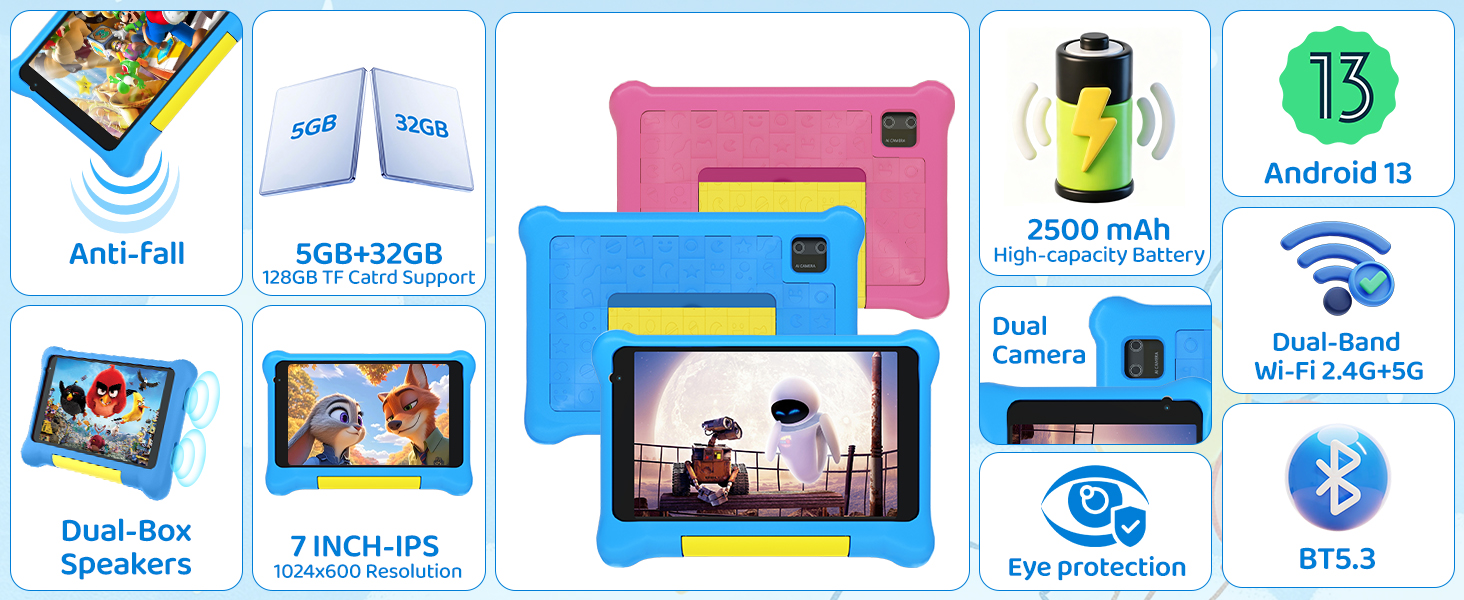 Colorful tablet device with blue case, surrounded by yellow and blue geometric shapes and decorative elements like stars and flowers on light background. Device displays multiple app icons on screen.