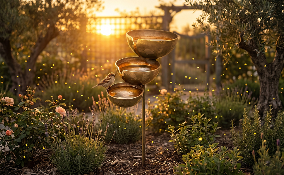 Text reads 'Cord-Free & Naturally Replenished' with description about natural materials. Image displays three tiered plant containers with soil and plants in garden setting.