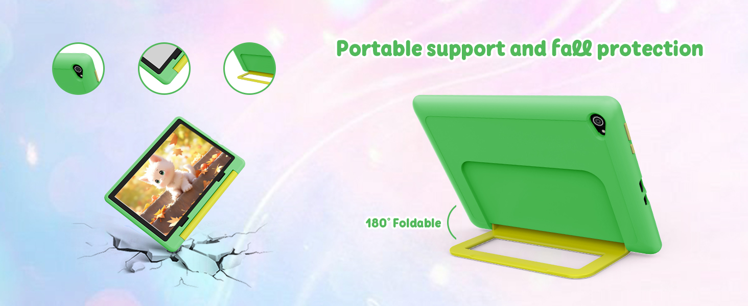 Text reads 'Portable support and FD8 protection.' Green tablet device shown with protective case and stand from multiple angles with product icons.