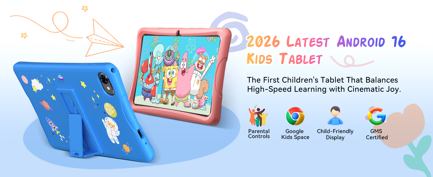 Text reads 'D98 LATEST Android 16 KIDS TABLET' and 'The Best Children's Tablet That Balances High-Speed Learning with Cinematic Joy'. Blue kids tablet with protective case and stylus displayed.