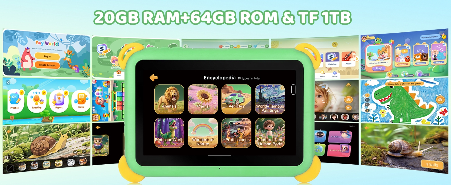 Text reads '2GB RAM+32GB ROM & TF 1TB'. Advertisement showing a green kids' tablet device surrounded by multiple game/app screenshots in a colorful animated style.