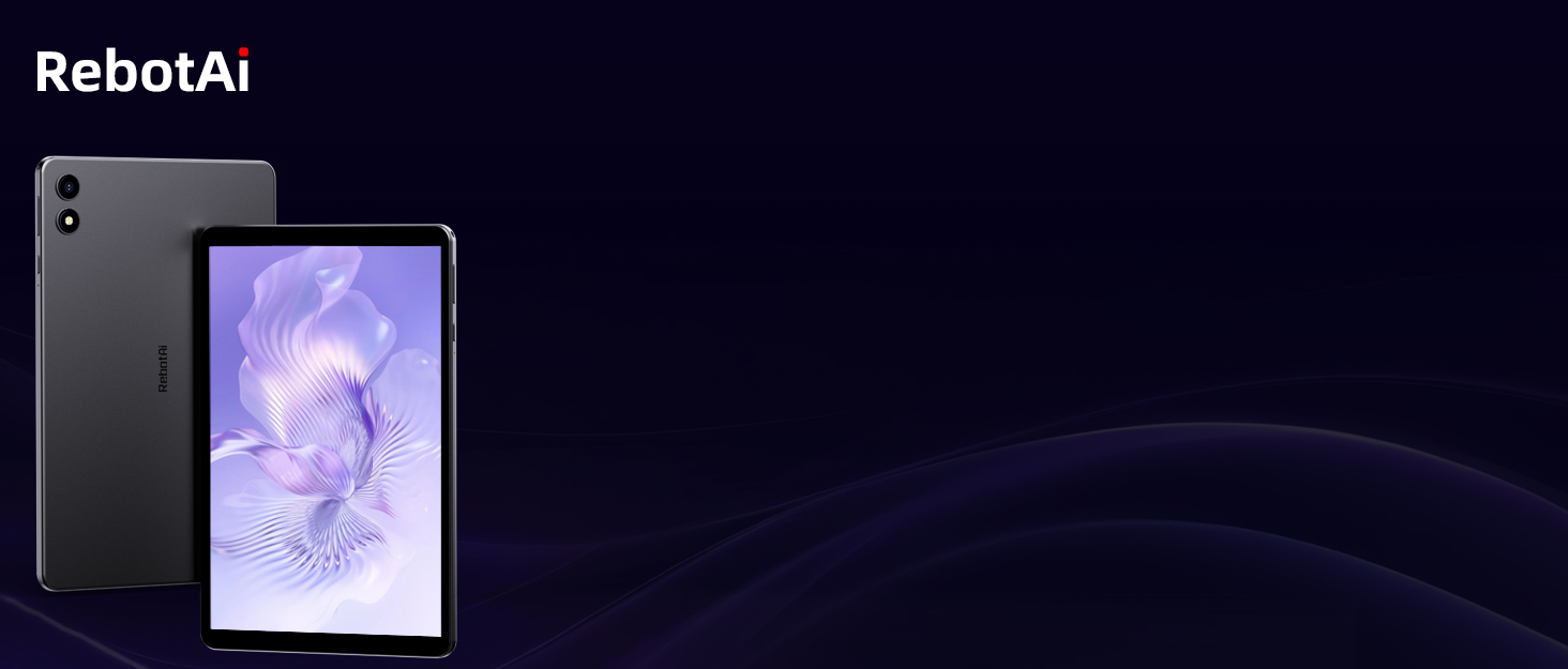 Text reads: 'RebotAI'. Display of tablet or mobile device showing purple-tinted interface against dark background.