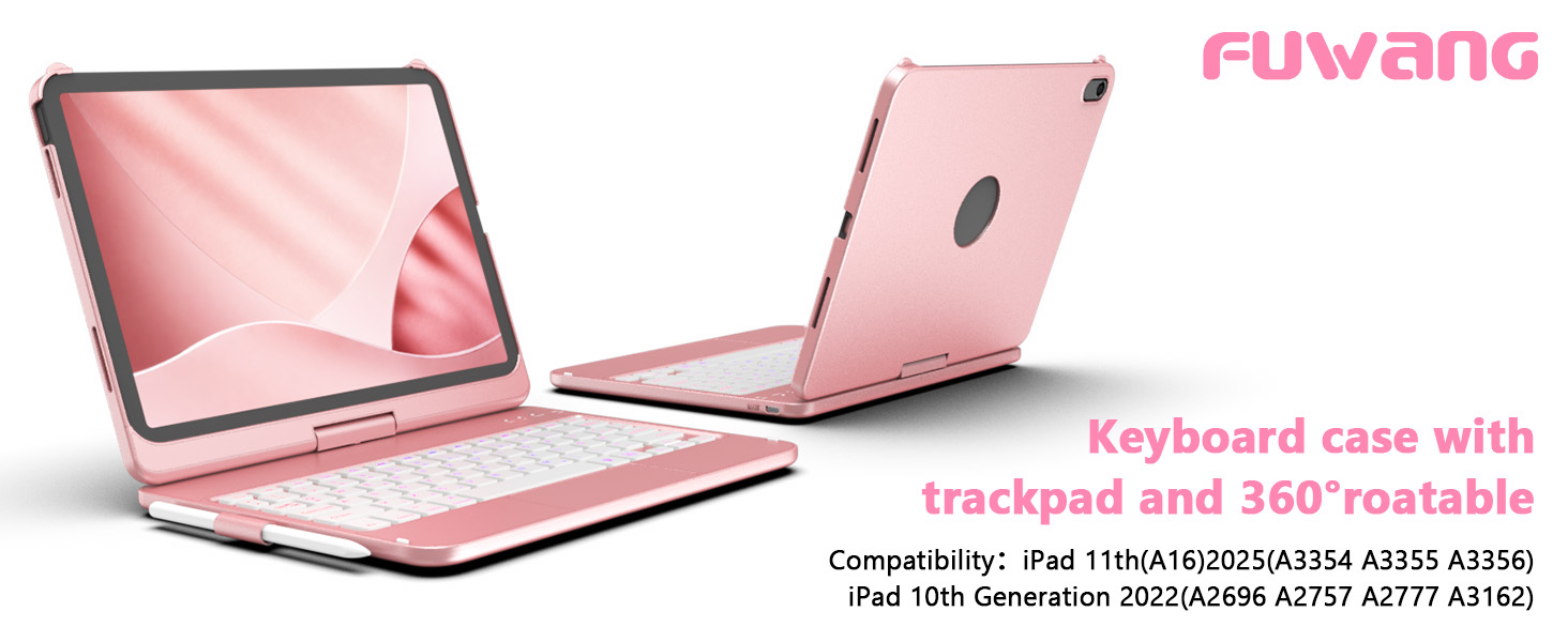 Text reads 'CUVANG' and 'keyboard case with trackpad and 360' rotation'. Pink laptop shown at multiple angles displaying the protective case.
