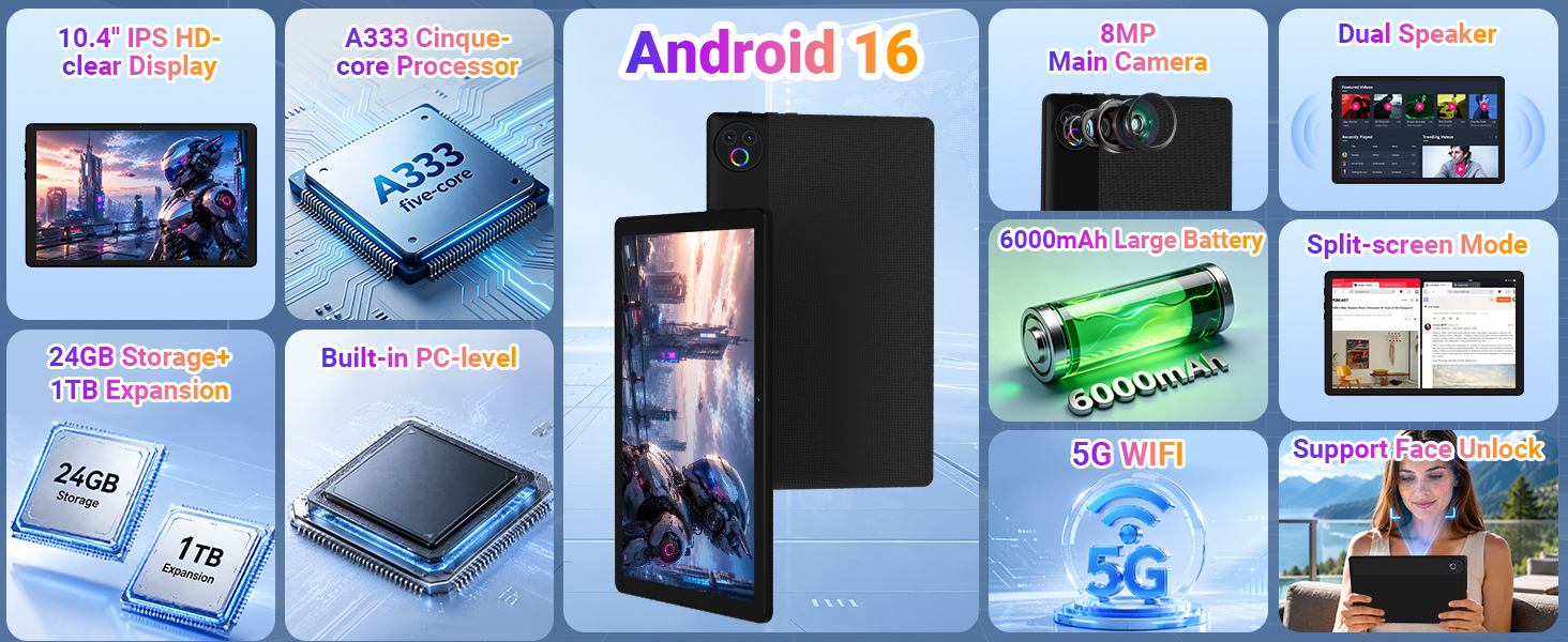 Text reads 'Android 16', 'AI erkennt', 'Dual Cameras', 'Full-time', 'Real 5G', '5G', and other device specifications. Smartphone with black finish displayed alongside app interface screenshots and capability icons in grid layout.