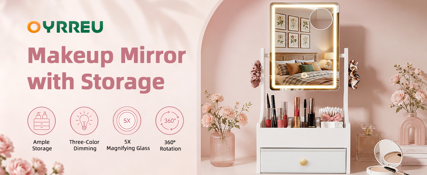 Text reads 'OVRREU', 'Makeup Mirror with Storage.' Pink vanity mirror with storage drawer, illuminated frame, and displayed cosmetics. Four feature icons shown below.