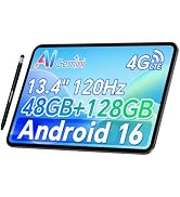 Text reads "AI Gemini", "11 inches", "90Hz", "8000mAh", "Android 16", "16GB+128GB". Tablet displaying blue gradient interface with dual rear cameras, shown with kickstand case folded at angle.