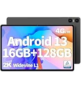 Text reads 'Android 13', '16GB+128GB', '4G LTE', '2K Wideline Li'. Tablet device with dual rear cameras, displaying colorful gradient screen interface with white text specifications on blue-pink background.