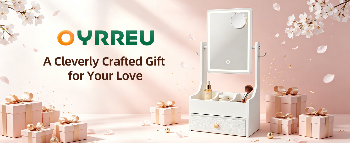 Text reads 'OYRREU' and 'A Cleverly Crafted Gift for Your Love'. Product display showing gift boxes and home décor items in warm-toned interior setting.