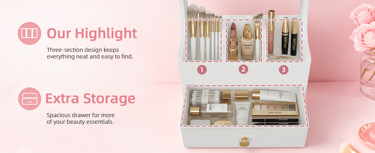 Text reads 'Why Choose Our Mirror Cabinet?' with comparison sections showing 'OURS' features including LED mirror, waterproof, adjustable height, and 'Others' section highlighting 'Mirror only'. Pink and white mirror cabinet shown left, gray cabinet right.