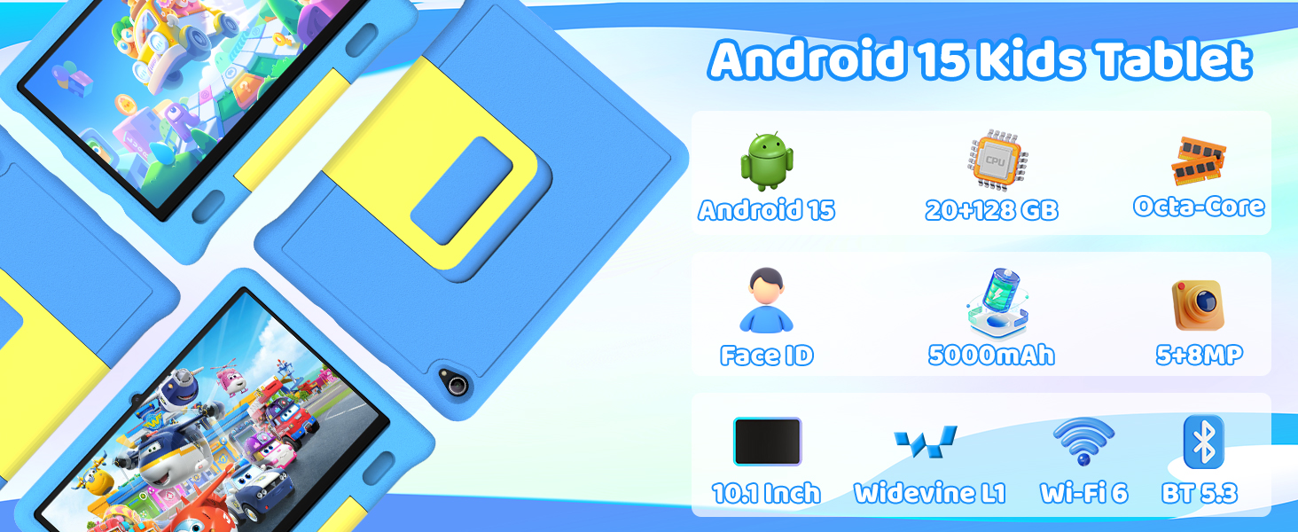 Text reads 'Android 15 kids Tablet' with interface icons including Android logo, age groups, and app categories displayed. Blue tablet device shown with colorful content preview in upper left.