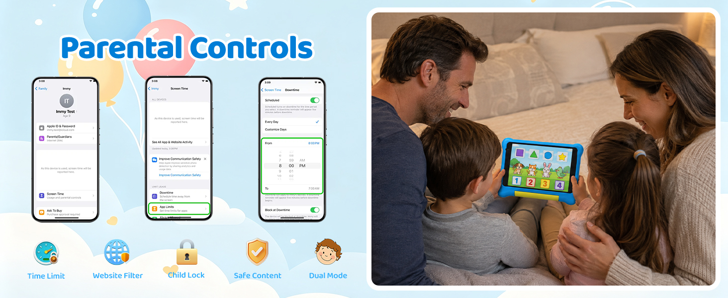Text reads 'Parental Controls'. Smartphone screens displaying parental control interface with icons for monitoring, filtering, and app management features. Adult and child viewing tablet together.