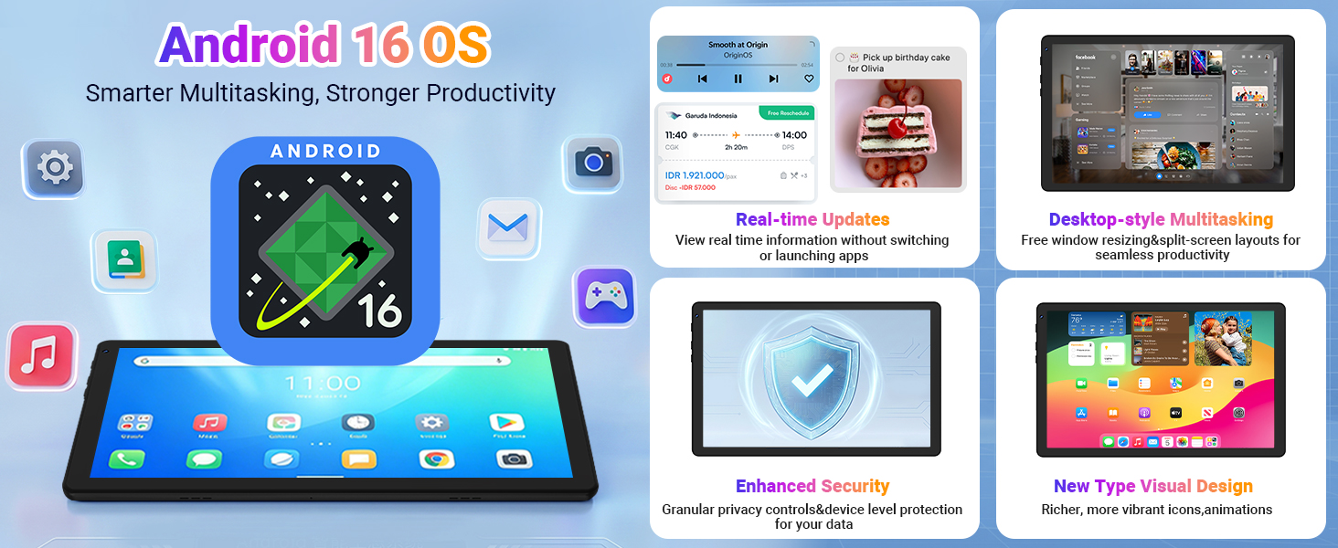 Text reads 'Android 16 IPS'. Tablet device displaying colorful app icons, educational applications, games, and interactive content on 16-inch IPS screen.