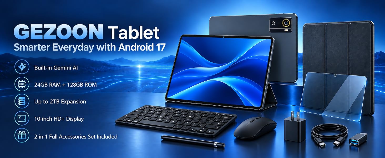 Text reads: 'GEZOON Tablet Smarter Everyday with Android 12,' listing features: 8-inch screen, 5000 mAh battery, dual speakers, 5MP/13MP cameras, full Android 12. Tablet device shown with keyboard case and accessories on blue tech background.